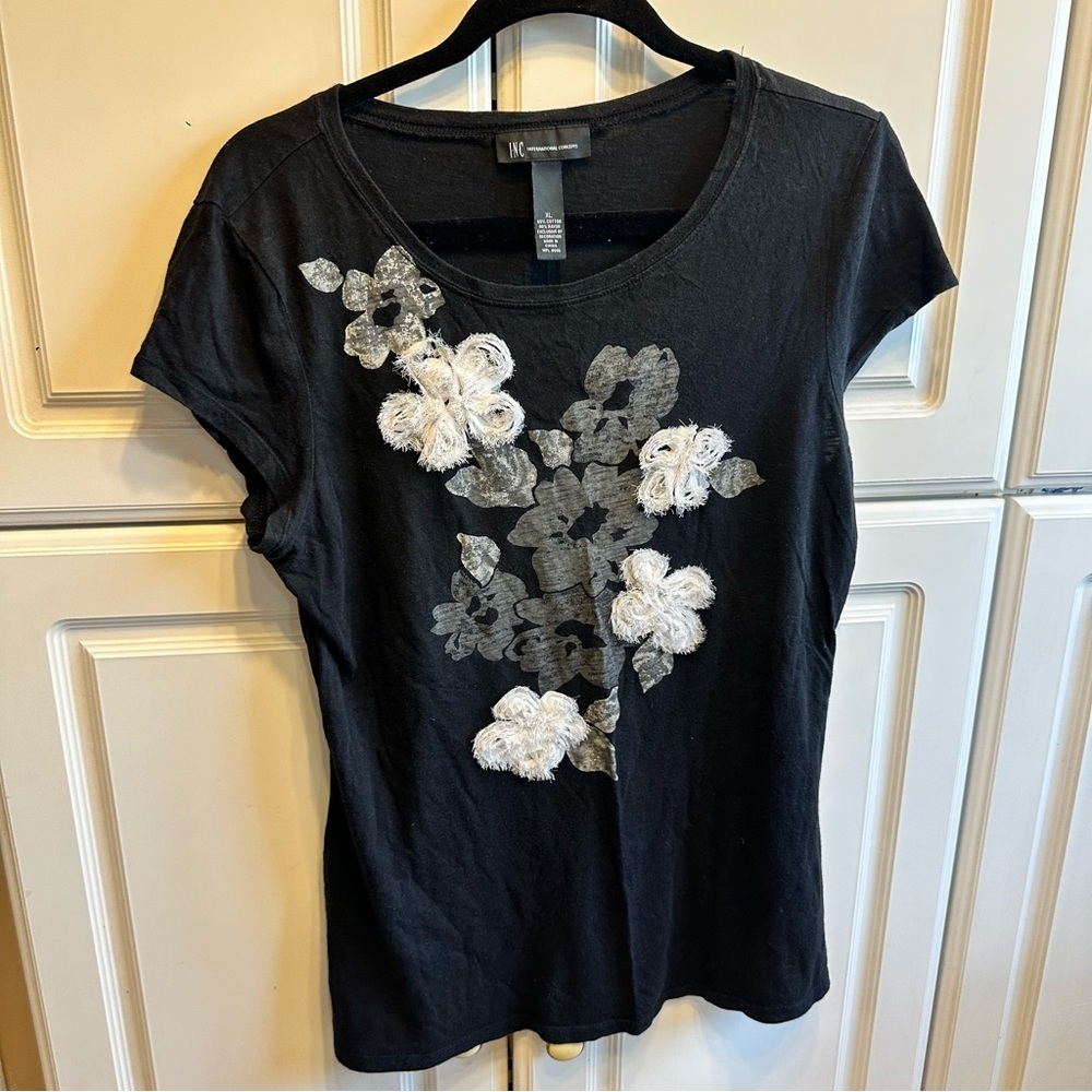 INC International Concepts Black with Applique Floral Detail Short Sleeve Top